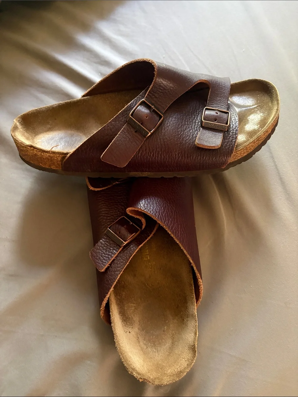 Birkenstock Brown Leather Double Buckle Slide Sandals